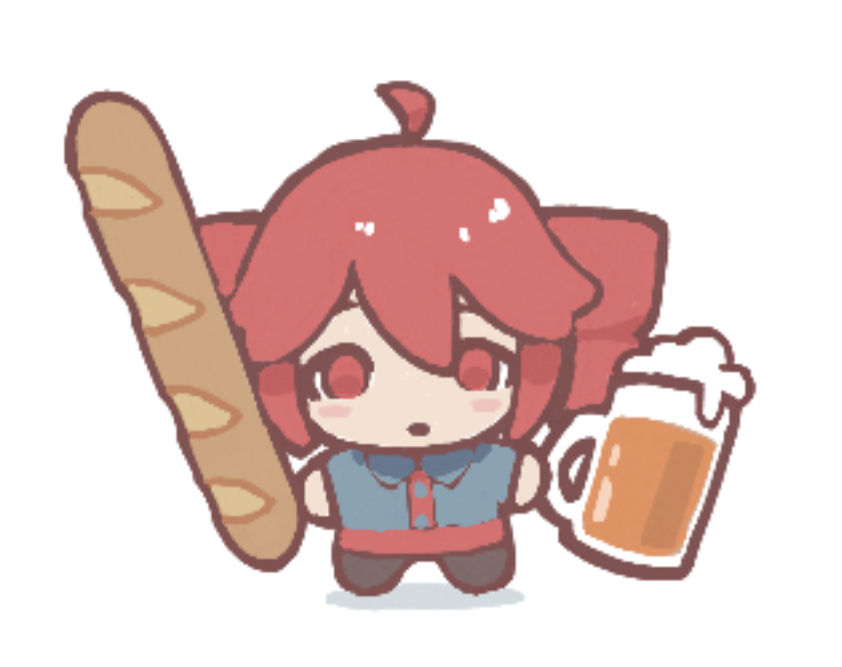 1girl, ahoge, alcohol, baguette, beer, beer_mug, blush_stickers, branchpuzzle