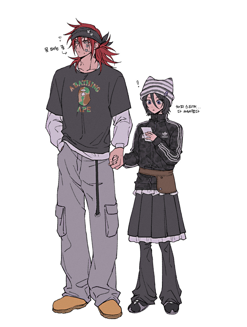 !, 1boy, 1girl, abarai_renji, adidas, amugonagurim, animal_ear_headwear, black_hair, black_headband, black_jacket, black_pants, black_shirt, black_shoes, black_skirt, bleach, breasts, brown_shoes, cargo_pants, commentary_request, couple, full_body, grey_eyes, grey_pants, hair_between_eyes, hand_in_pocket, headband, hetero, highres, holding_hands, jacket, korean_commentary, kuchiki_rukia, long_hair, low_ponytail, medium_breasts, pants, pants_under_skirt, pleated_skirt, ponytail, print_shirt, red_hair, shirt, shirt_under_shirt, shoes, short_hair, skirt, sticker, sticker_on_face, white_background, white_shirt