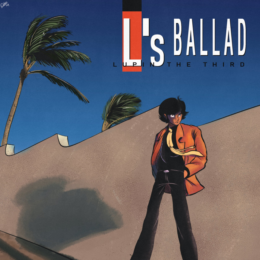 1boy, album_cover, album_cover_redraw, arsene_lupin_iii, black_eyes, black_hair, black_pants, black_shirt