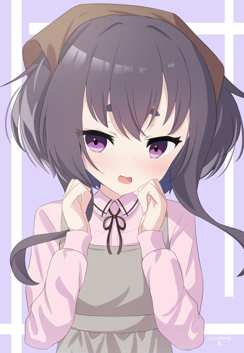 1girl, absurdres, apron, bandana, black_hair, brown_bandana, brown_eyes, commentary_request