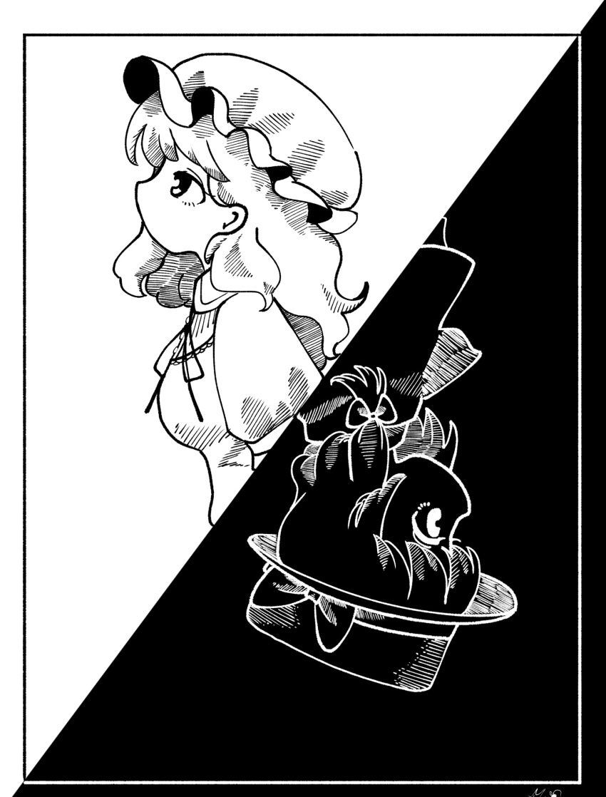2girls, border, bow, capelet, collared_dress, commentary_request, contrast, dress