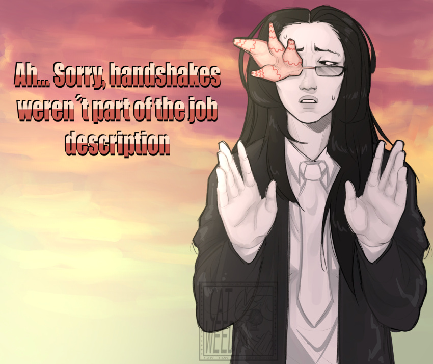 1girl, asian, black_eyes, black_hair, catsweeds, collared_shirt, colored_skin, coral, coral_glasses, ena:_dream_bbq, ena_(series), glasses, highres, lips, long_hair, necktie, scene_reference, shirt, solo, source_quote, sweat, white_necktie, white_shirt, white_skin