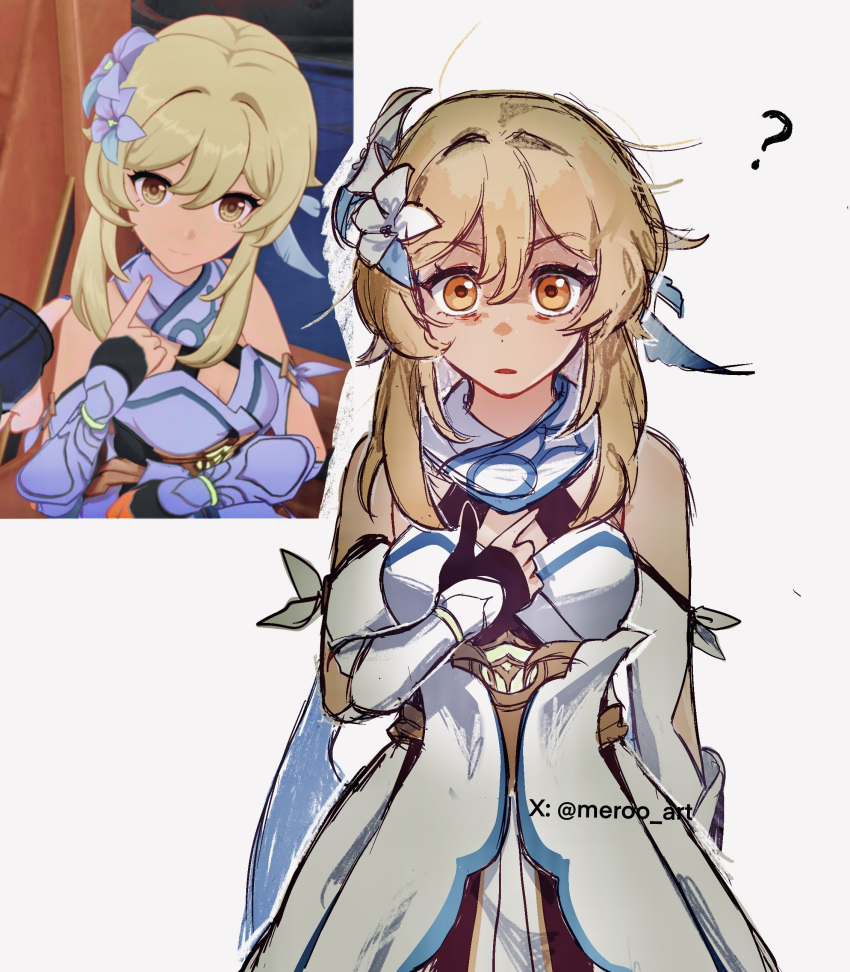 ?, absurdres, bare_shoulders, blonde_hair, blue_trim, detached_sleeves, dress, feather_hair_ornament