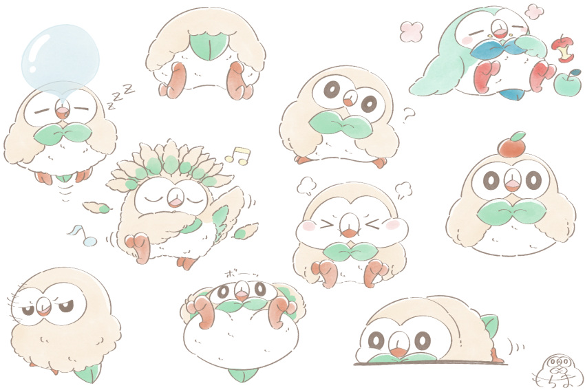 >_<, alternate_color, apple, apple_core, apple_on_head, bird, bright_pupils, closed_eyes