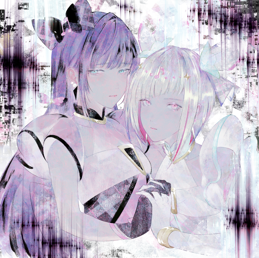 2girls, bare_shoulders, black_bow, black_gloves, bob_cut, bow, closed_mouth, collarbone