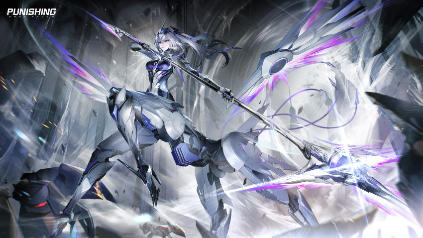 1girl, absurdres, breasts, centaur, cyborg, forehead_protector, grey_hair, hair_between_eyes
