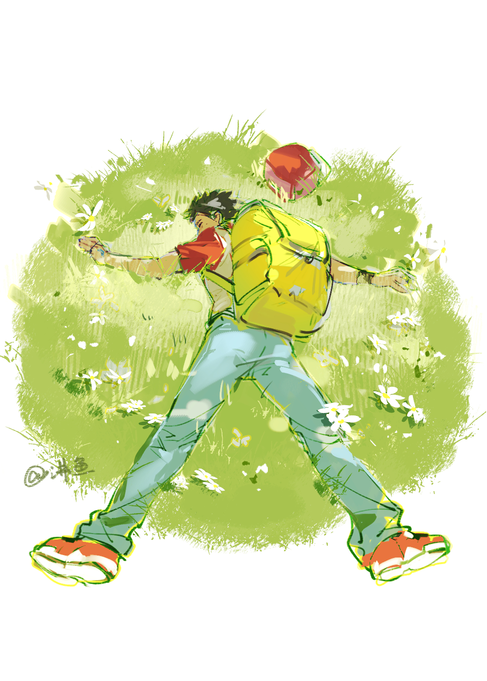 1boy, backpack, bag, black_hair, character_request, check_character, closed_eyes, commentary