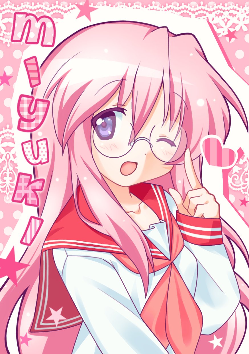 1girl, character_name, glasses, highres, index_finger_raised, long_hair, long_sleeves, looking_to_the_side