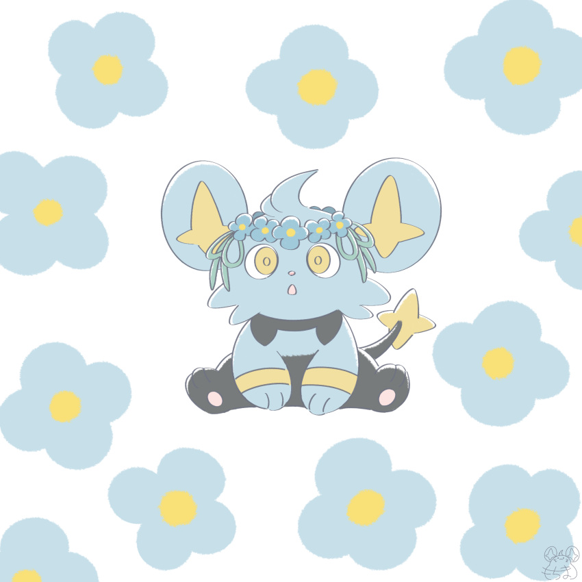 animal_focus, blue_flower, commentary_request, flower, full_body, head_wreath, highres, looking_at_viewer