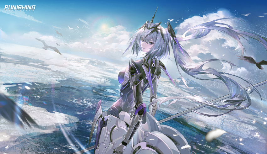 1girl, absurdres, bird, blue_sky, breasts, centaur, closed_mouth, clouds