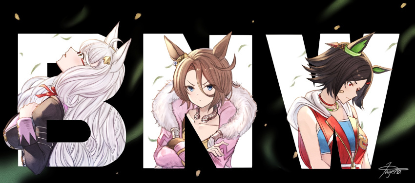 3girls, ahoge, animal_ears, bandaid, bandaid_on_cheek, bandaid_on_face, bandeau, biwa_hayahide_(pf._winning_equation...)_(umamusume)