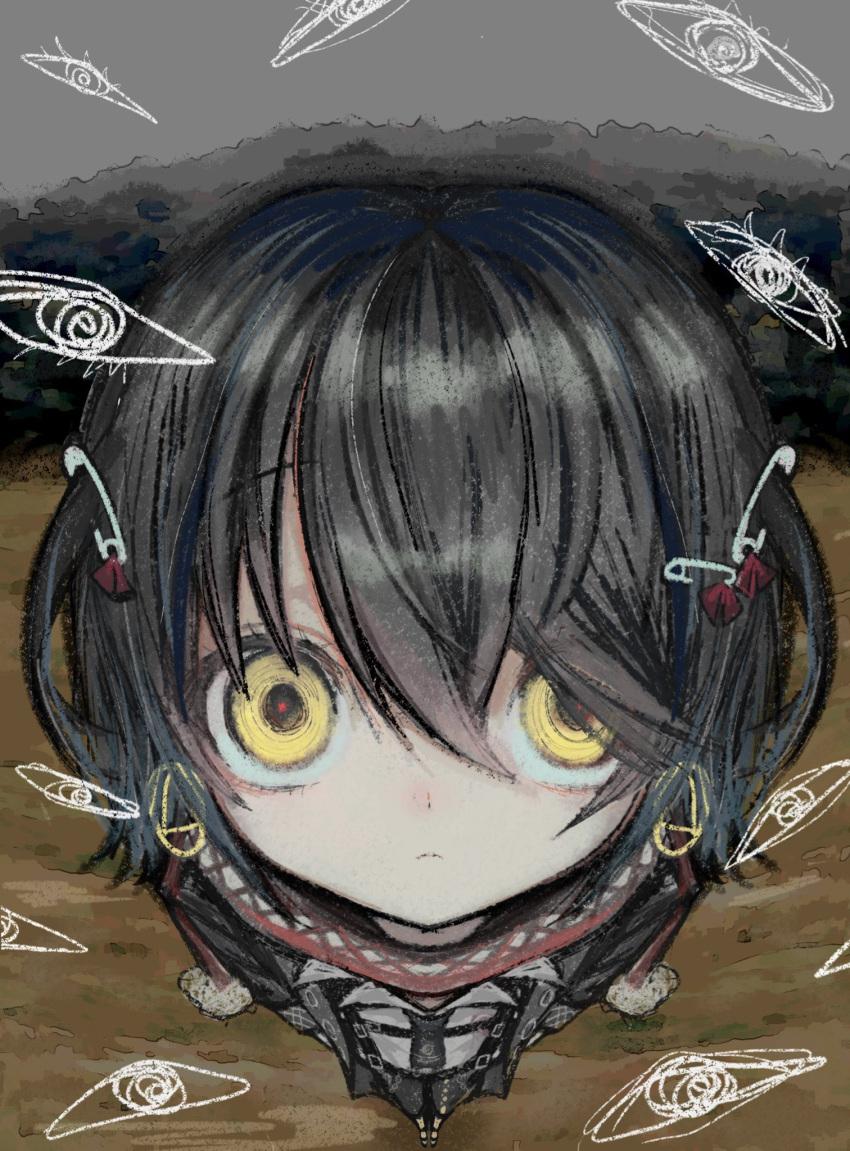 2boys, black_hair, black_jacket, closed_mouth, commentary, earrings, foreshortening, from_above