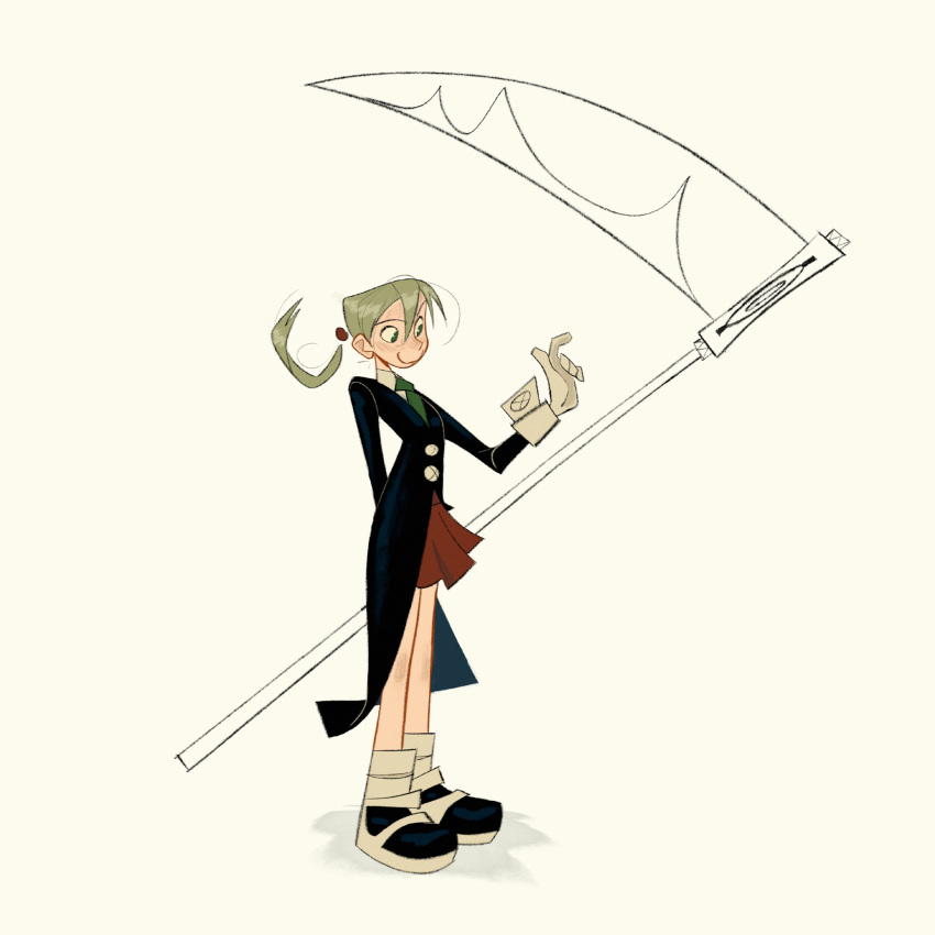 1girl, black_jacket, blonde_hair, boots, closed_mouth, collared_shirt, full_body, green_eyes, green_necktie, hair_between_eyes, highres, holding, holding_scythe, jacket, maka_albarn, necktie, pleated_skirt, red_skirt, rudy_hill, school_uniform, scythe, shirt, simple_background, sketch, skirt, smile, solo, soul_eater, standing, twintails, white_shirt, white_wrist_cuffs, wrist_cuffs