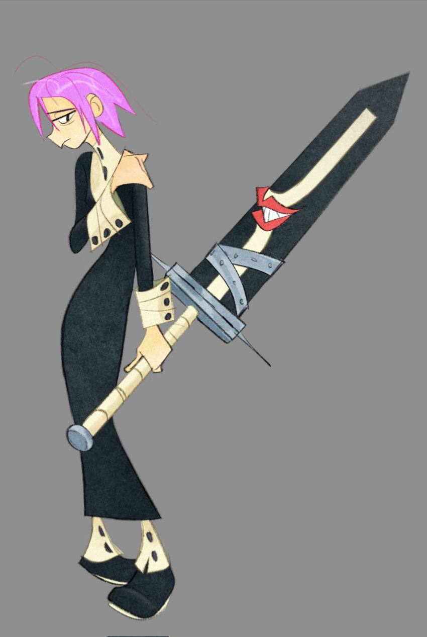 1other, bags_under_eyes, black_dress, black_shoes, crona_(soul_eater), dress, frown, full_body, grey_background, hair_between_eyes, hand_on_own_shoulder, highres, holding, holding_sword, holding_weapon, long_dress, pink_hair, ragnarok_(soul_eater), red_lips, rudy_hill, shoes, solo, soul_eater, sword, teeth, weapon, white_wrist_cuffs, wrist_cuffs