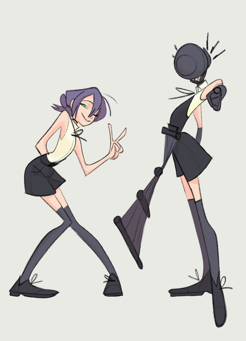 1girl, 2girls, apron, arm_behind_back, bare_arms, bare_shoulders, black_apron, black_choker, black_shoes, black_shorts, black_thighhighs, bomb, bomb_devil_(chainsaw_man), chainsaw_man, choker, dual_persona, explosive, full_body, green_eyes, grey_background, hair_between_eyes, hair_bun, highres, knees_together_feet_apart, looking_at_viewer, medium_hair, multiple_girls, neck_ribbon, one_eye_closed, parted_lips, pointing, pointing_at_viewer, purple_hair, reze_(chainsaw_man), ribbon, rudy_hill, sharp_teeth, shirt, shoes, shorts, sleeveless, sleeveless_shirt, smile, solo, standing, teeth, thigh-highs, updo, v, white_shirt