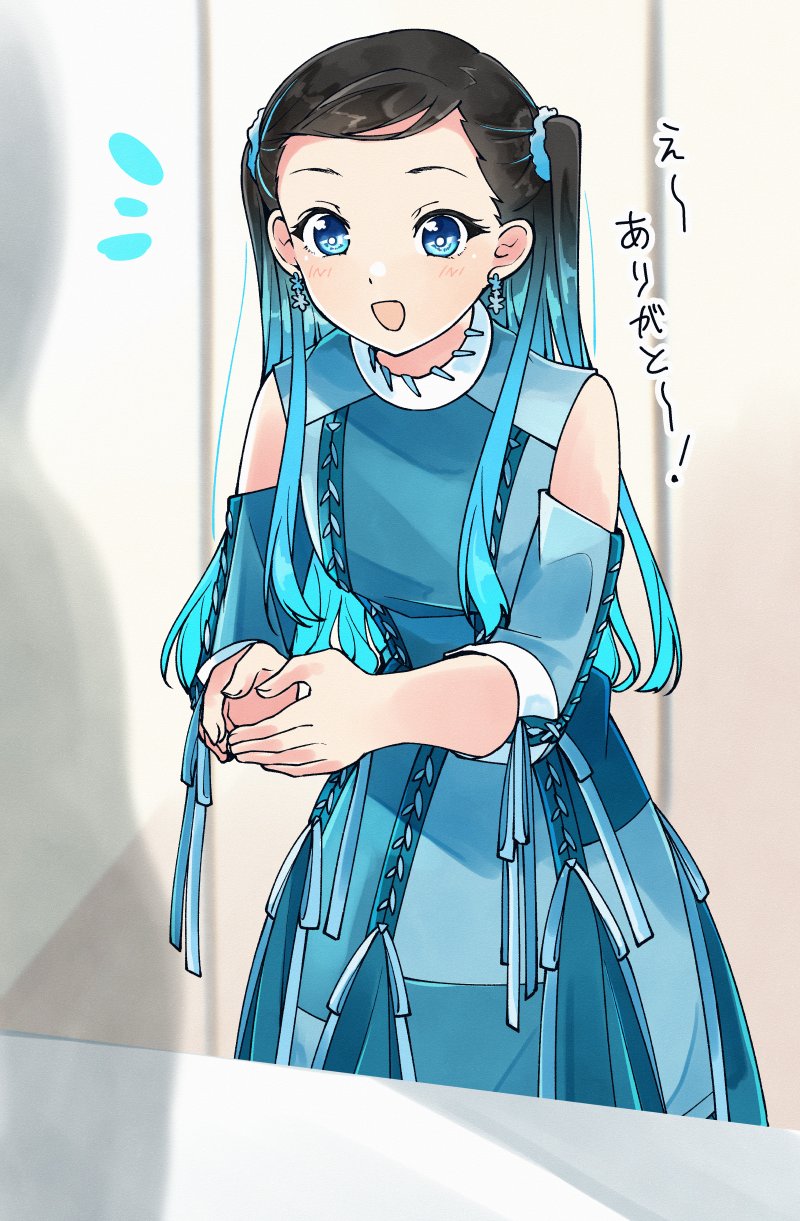 1girl, 22/7, :d, abc_yosou, aqua_dress, aqua_eyes, aqua_hair, aqua_ribbon