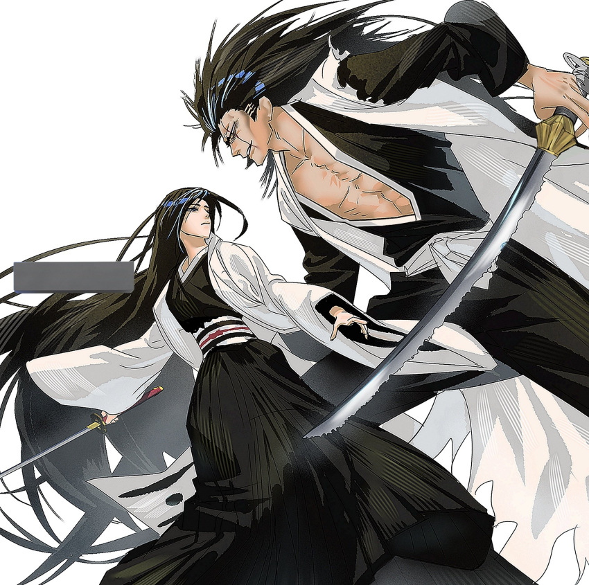 1boy, 1girl, anima_tion_1, black_hair, bleach, commentary_request, fighting_stance, haori