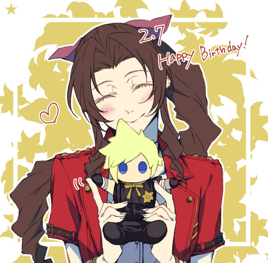 1boy, 1girl, aerith_gainsborough, akatsuki_jam, bangle, blonde_hair, blue_eyes, blush