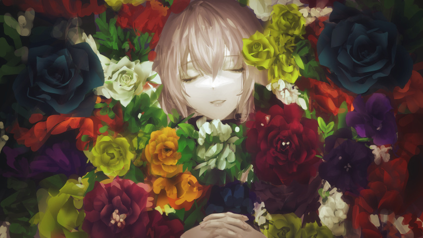 1girl, absurdres, closed_eyes, commentary, flower, hair_between_eyes, hands_clasped, highres