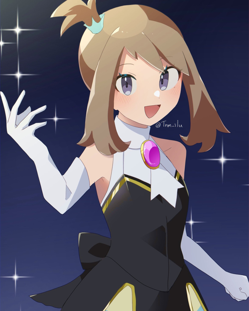 :d, black_dress, blush, brown_hair, clenched_hand, commentary_request, dress, elbow_gloves