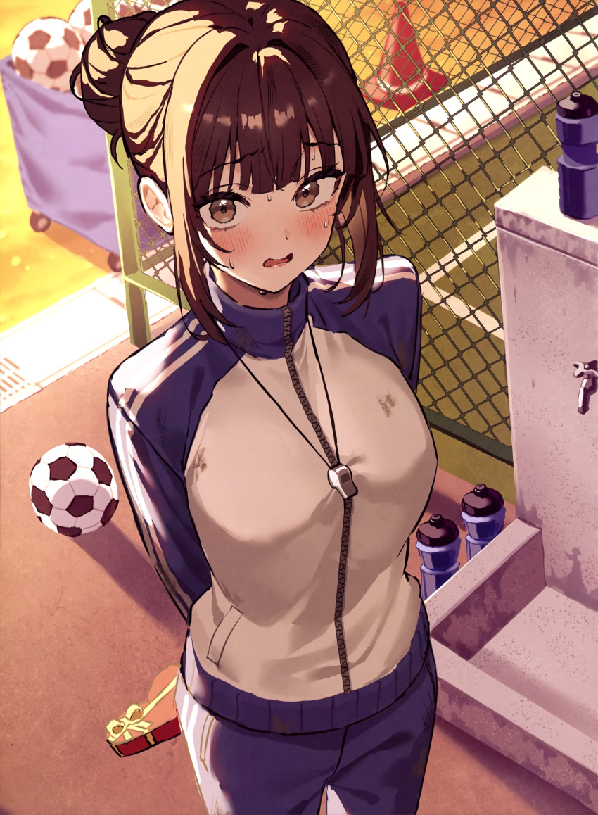 1girl, absurdres, arms_behind_back, ball, blue_jacket, blue_pants, blunt_bangs, blush