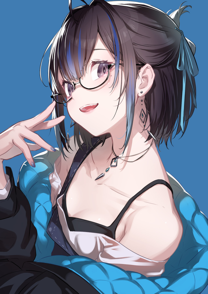 1girl, :d, ahoge, black-framed_eyewear, black_camisole, black_hair, black_jacket, blue_background