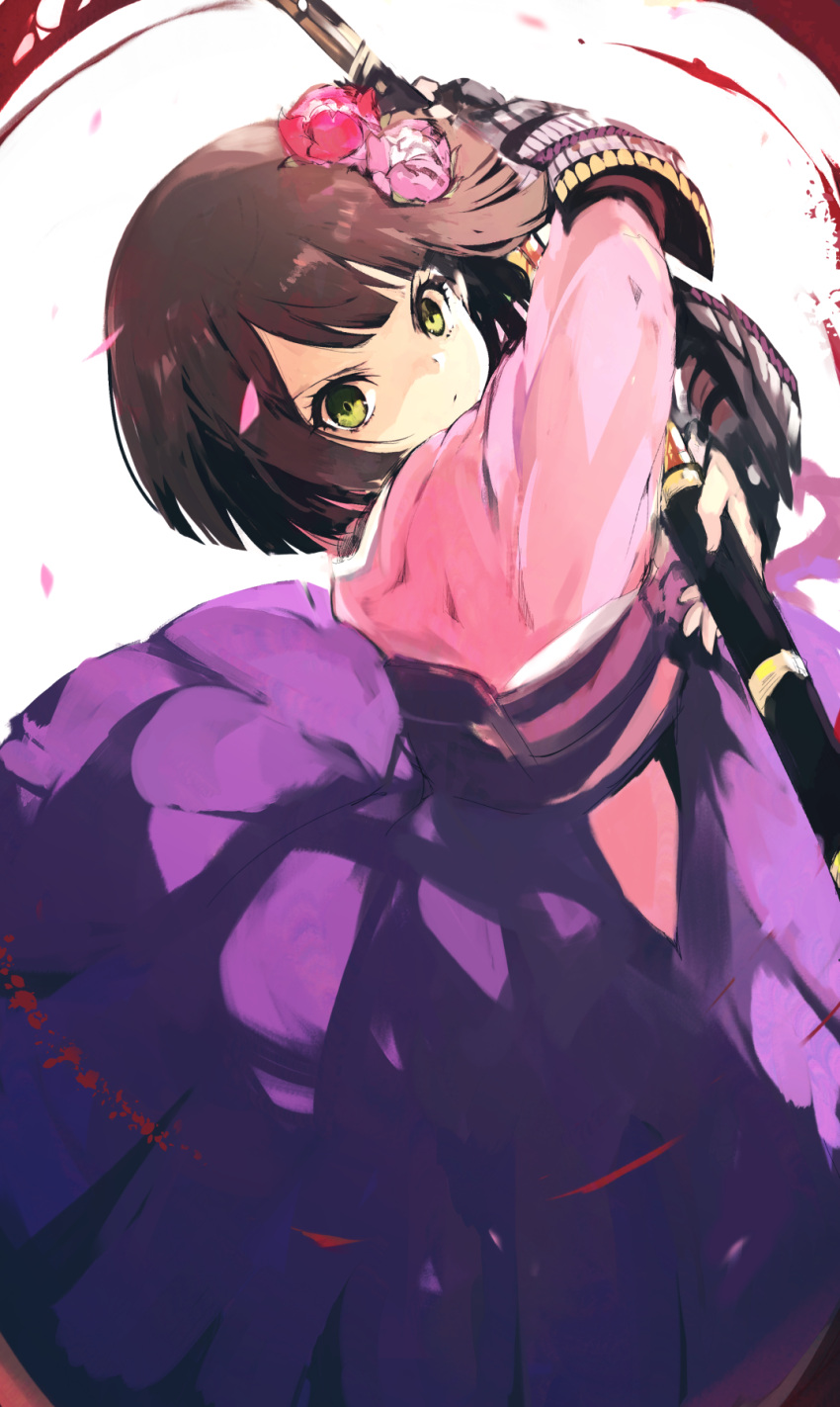 1girl, armor, blood_trail, brown_hair, bushidou_(sekaiju), bushidou_4_(sekaiju), commentary_request, flower