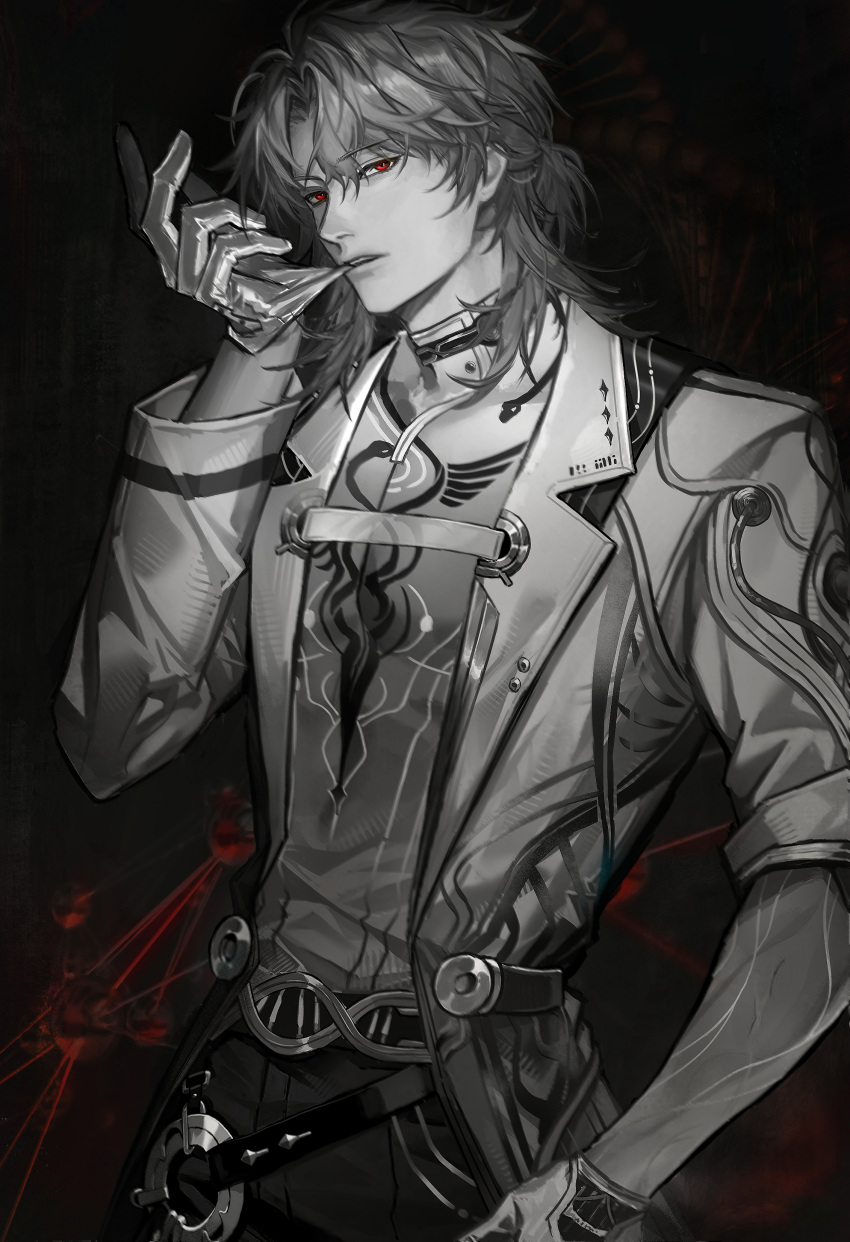 1boy, absurdres, biting, biting_glove, chinese_commentary, coat, commentary_request, cowboy_shot