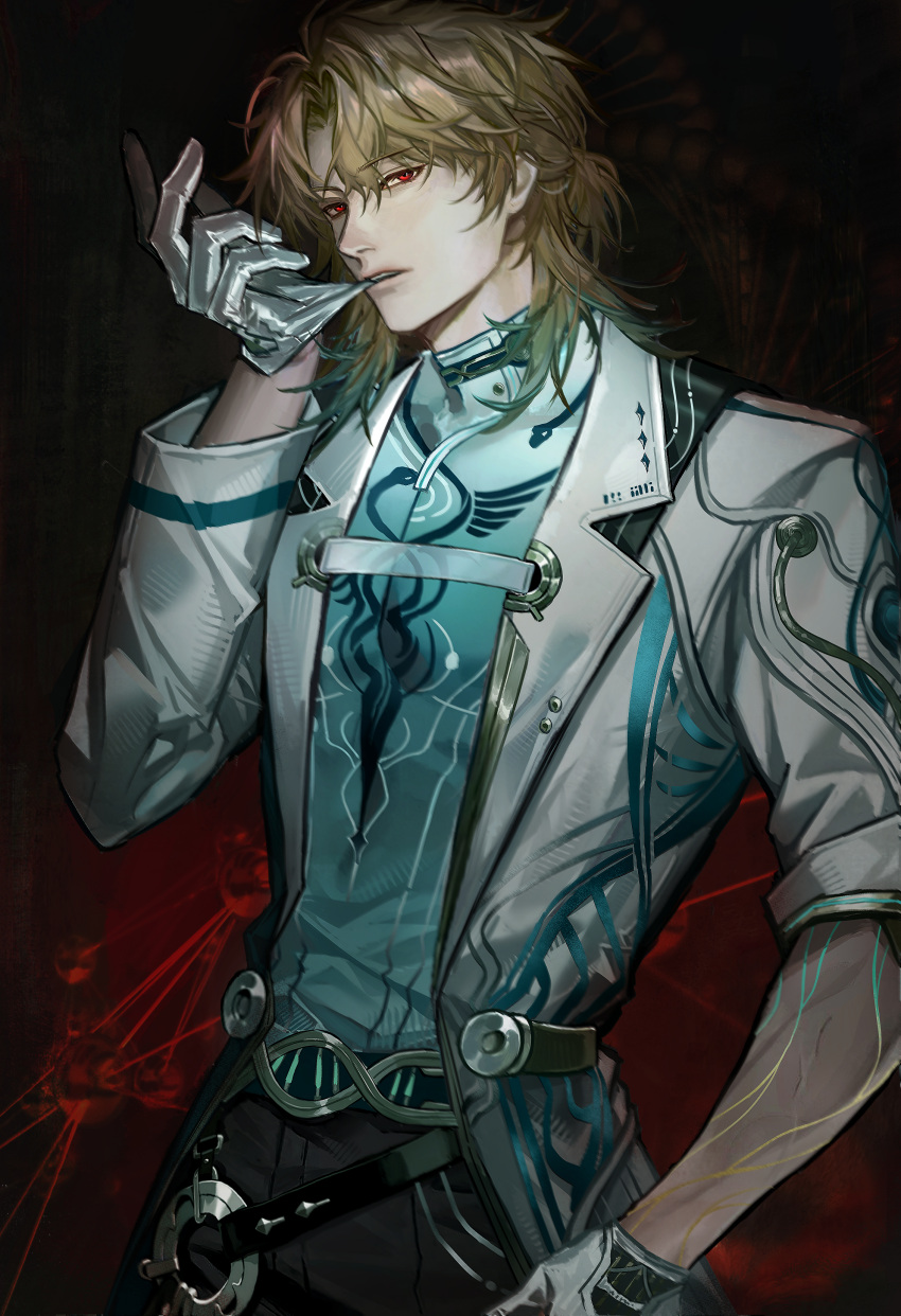 1boy, absurdres, aqua_shirt, biting, biting_glove, black_pants, blonde_hair, chinese_commentary, coat, colored_tips, commentary_request, cowboy_shot, gloves, hand_up, highres, hujiao_huajiao_fen, long_hair, looking_at_viewer, luuk_herssen_(wuthering_waves), male_focus, multicolored_hair, pants, parted_lips, red_eyes, shirt, sleeve_rolled_up, solo, white_coat, wuthering_waves