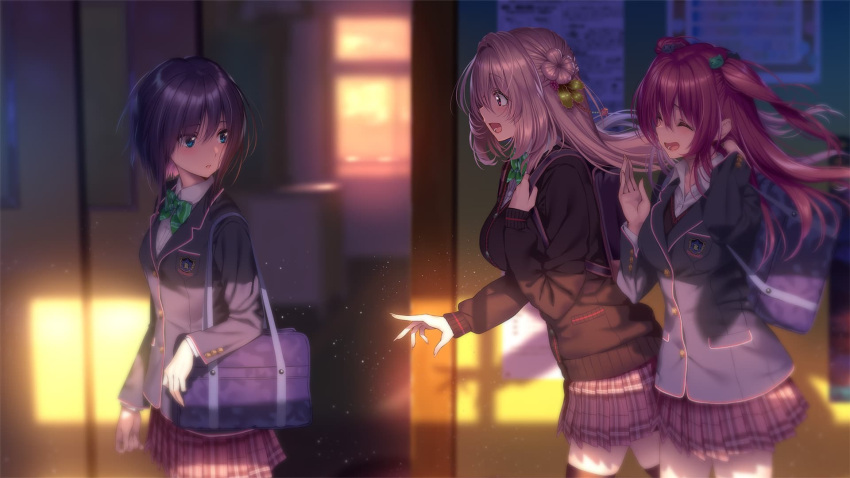 3girls, bag, black_thighhighs, blazer, bow, breasts, buttons, classroom