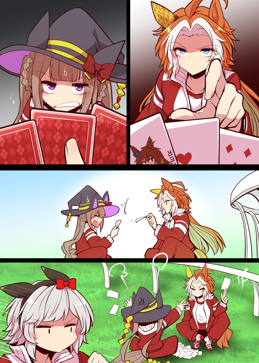 3girls, animal_ears, black_hairband, black_hat, blue_eyes, bow, braid, brown_hair
