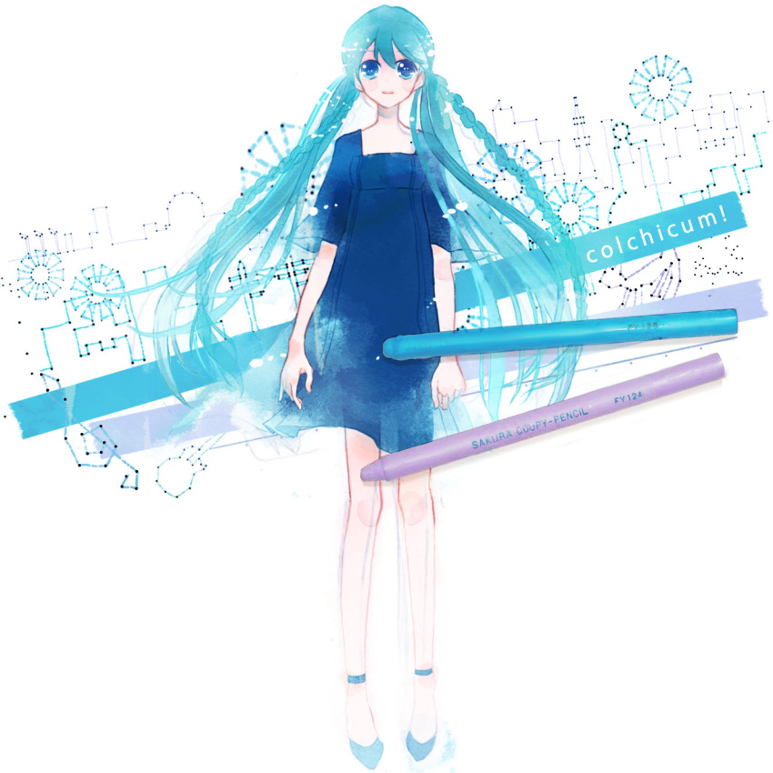 alternate_hairstyle, aqua_eyes, aqua_hair, blue_eyes, blue_hair, braid, colored_pencil, dress