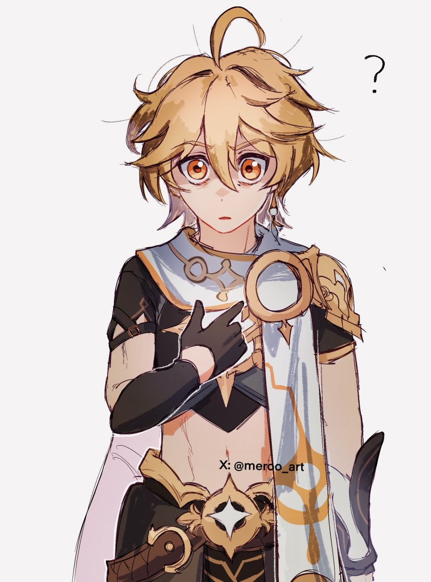 1boy, ?, absurdres, aether_(genshin_impact), arm_armor, black_gloves, black_shirt, blonde_hair, commentary, cowboy_shot, cropped_shirt, earrings, english_commentary, genshin_impact, gloves, guy_pointing_at_himself_(meme), hair_between_eyes, hand_on_own_chest, highres, jewelry, looking_at_viewer, male_focus, meme, meroo_art, midriff, parted_lips, scarf, shirt, short_sleeves, simple_background, single_earring, solo, twitter_username, white_background, white_scarf, yellow_eyes