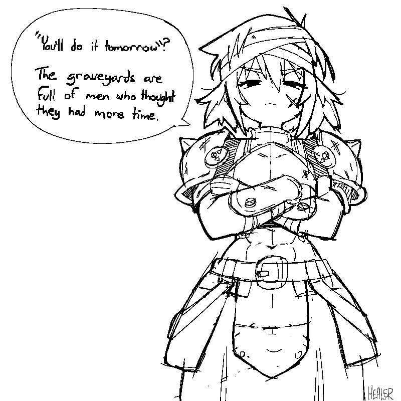 1girl, abs, arm_guards, armor, bandaged_head, bandages, breastplate, crossed_arms