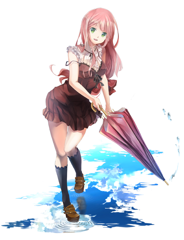 dress, green_eyes, long_hair, off_shoulder, open_mouth, original, pink_hair, reflection, ripples, smile, solo, taccomm, umbrella, water
