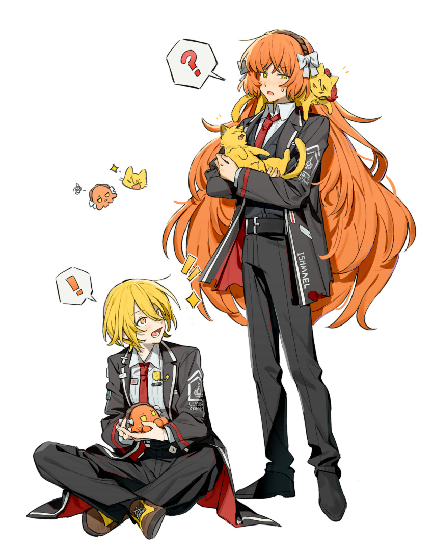 2girls, ?, absurdres, animal, animal_on_shoulder, animalization, black_coat, boots