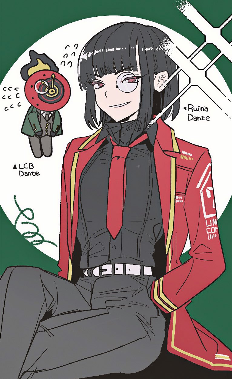 1girl, 1other, black_hair, black_pants, black_shirt, bob_cut, coat, collared_shirt, commentary_request, cosplay, dante_(library_of_ruina), dante_(limbus_company), dante_(limbus_company)_(cosplay), grin, highres, lapels, library_of_ruina, limbus_company, looking_at_viewer, monocle, name_connection, necktie, notched_lapels, pants, project_moon, red_coat, red_eyes, red_necktie, seven_association_south_uniform, shirt, short_hair, smile, sparkle, tama_launcher, yellow_trim