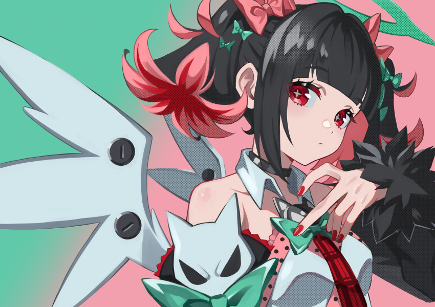 1girl, absurdres, bare_shoulders, black_choker, black_hair, black_sleeves, bow, bowtie