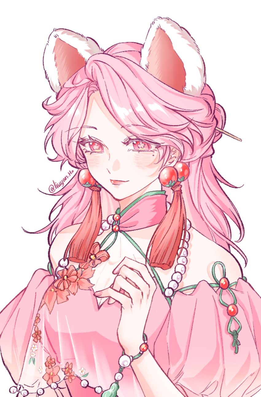 1girl, animal_ears, artist_name, bare_shoulders, bracelet, breasts, chinese_clothes, chinese_commentary, commentary_request, detached_collar, dress, dress_flower, earrings, eyelashes, flower, flower-shaped_pupils, hair_ornament, hair_stick, half_updo, hand_up, highres, identity_v, jewelry, lips, liuyan_hz, long_hair, mandarin_collar, medium_breasts, mole, mole_under_eye, official_alternate_costume, pink_dress, pink_eyes, pink_hair, pink_nails, simple_background, solo, swept_bangs, symbol-shaped_pupils, tassel, tassel_earrings, upper_body, vera_nair, white_background