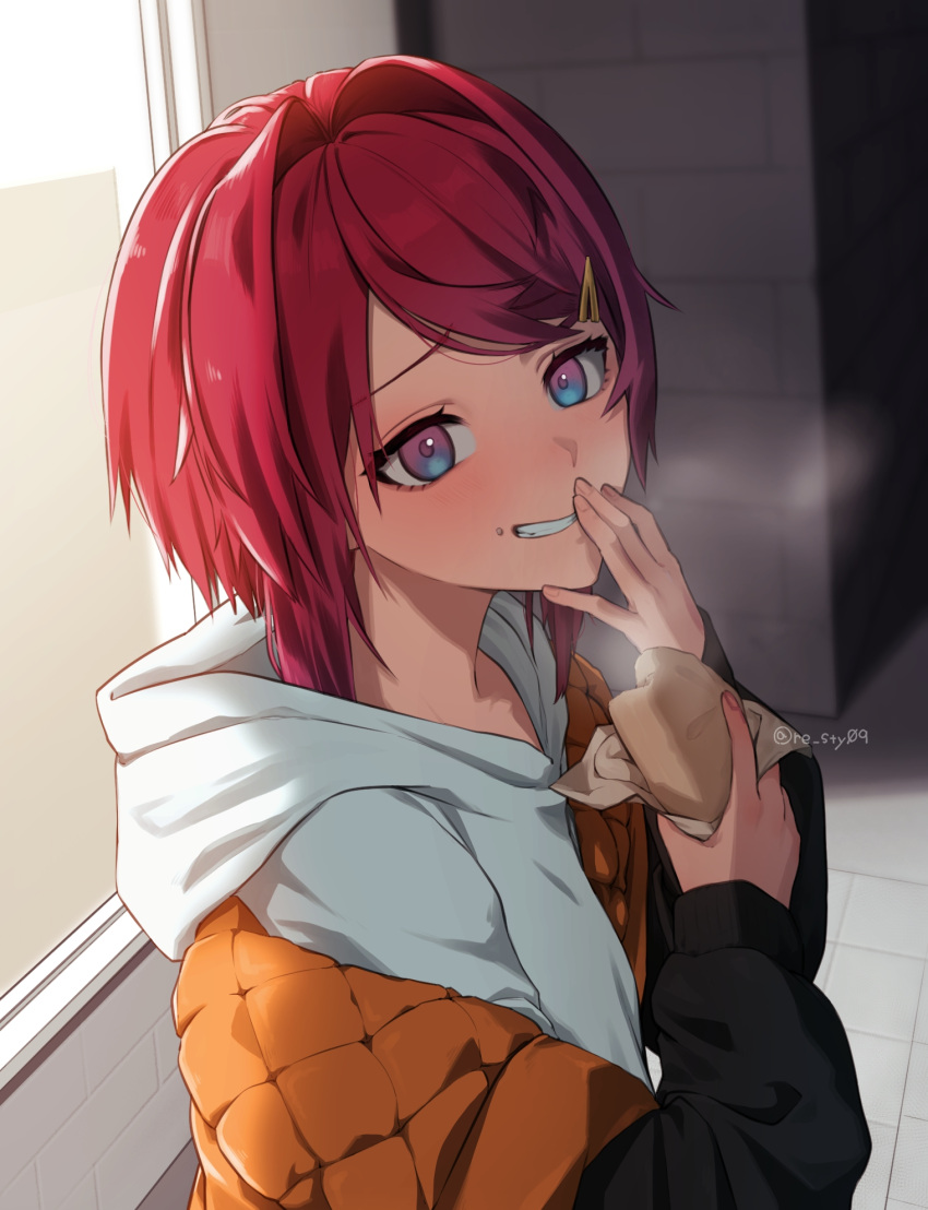 1girl, ange_katrina, ange_katrina_(casual), backlighting, black_jacket, blue_eyes, breath, commentary_request