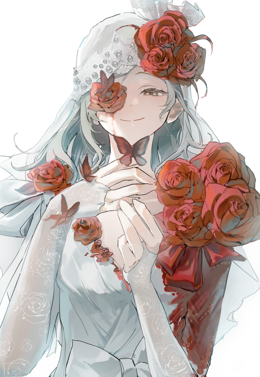1girl, absurdres, bow, bridal_gauntlets, bridal_veil, bug, butterfly, commentary