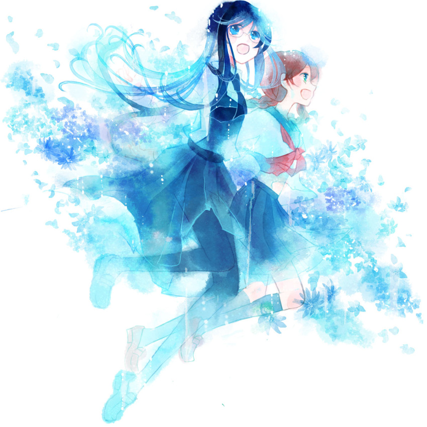 aoi_hana, black_hair, blue_eyes, braid, brown_hair, flower, glasses, highres