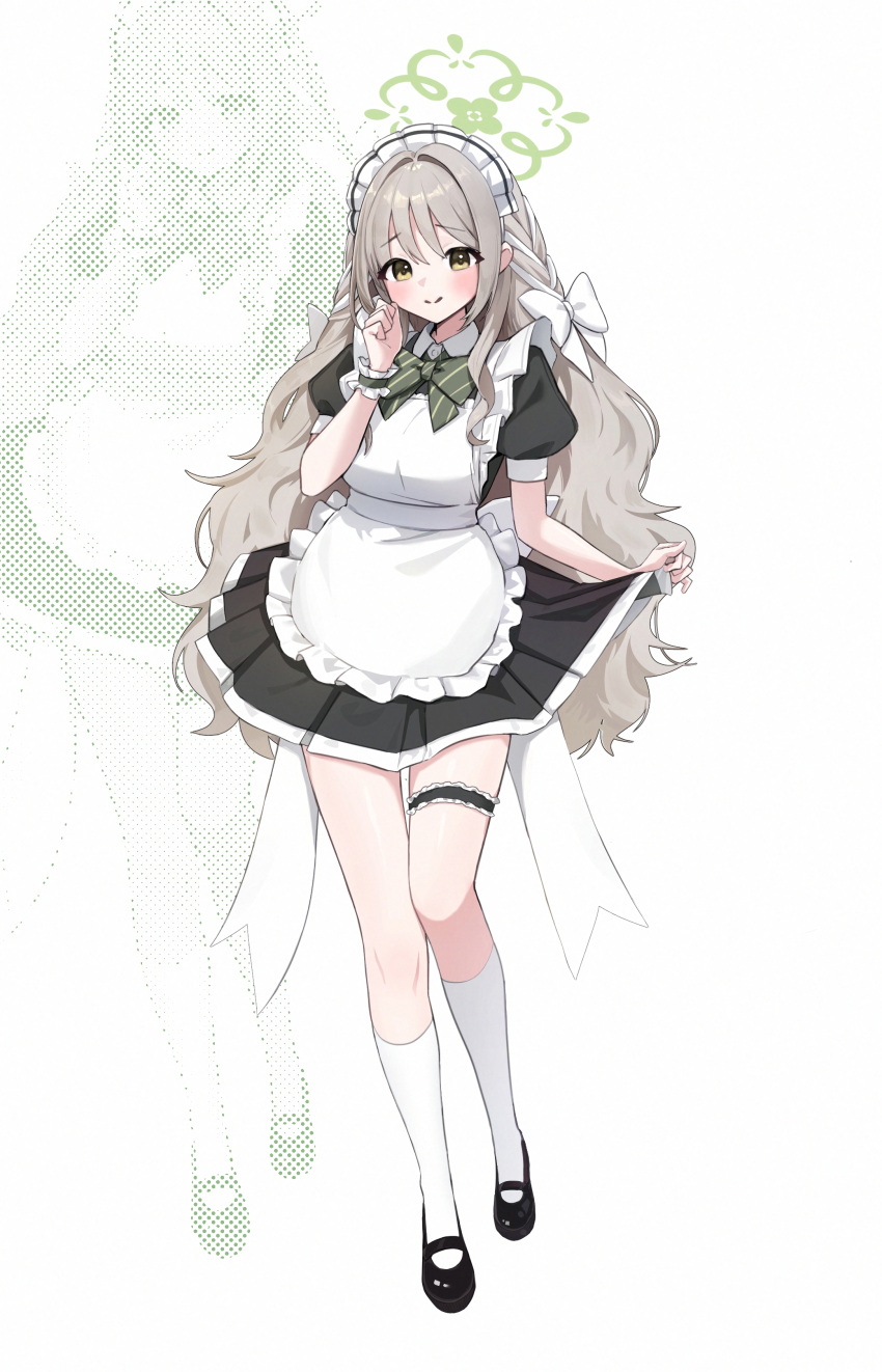 1girl, absurdres, apron, black_dress, blue_archive, bow, dress, enmaided