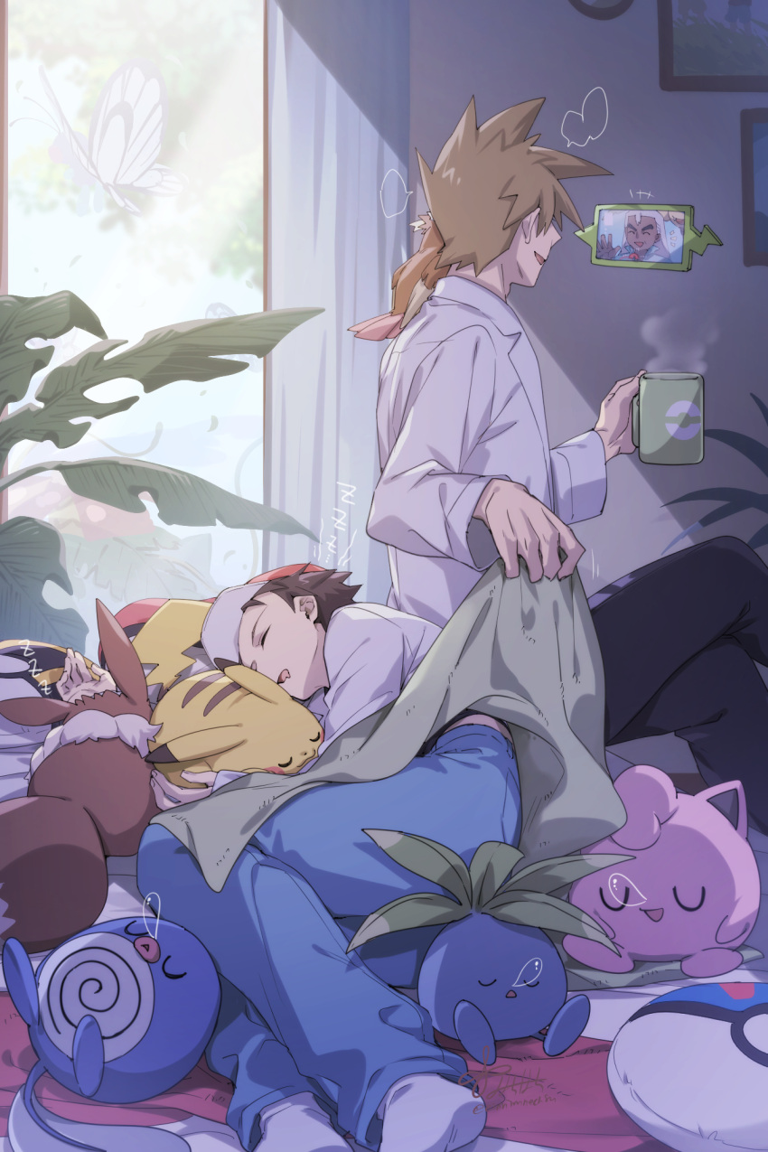 3boys, 88_(einnimnech), alolan_exeggutor, antennae, bird, black_hair, black_pants, blue_oak, blue_pants, brown_hair, bug, butterfly, butterfree, closed_eyes, commentary_request, cup, dark_skin, eevee, flying, hat, highres, holding, holding_cup, insect_wings, jigglypuff, long_sleeves, lying, male_focus, multiple_boys, nose_bubble, oddish, on_back, on_shoulder, on_side, on_stomach, open_mouth, pants, parted_lips, pidgey, pikachu, plant, pokemon, pokemon_(creature), pokemon_on_shoulder, poliwag, potted_plant, red_(pokemon), red_hat, rotom, rotom_phone, samson_oak, shirt, short_hair, short_sleeves, sitting, sleeping, smile, steaming_cup, white_shirt, wings
