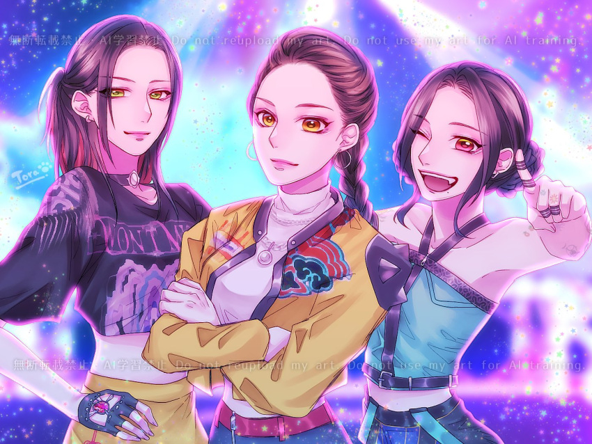 3girls, animification, aoi_toramatsu, artist_name, black_choker, black_gloves, black_shirt, blue_tube_top