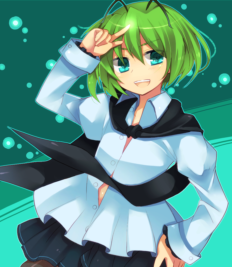 antennae, aqua_eyes, bad_id, black_legwear, blue_eyes, cape, dress_shirt, green_hair
