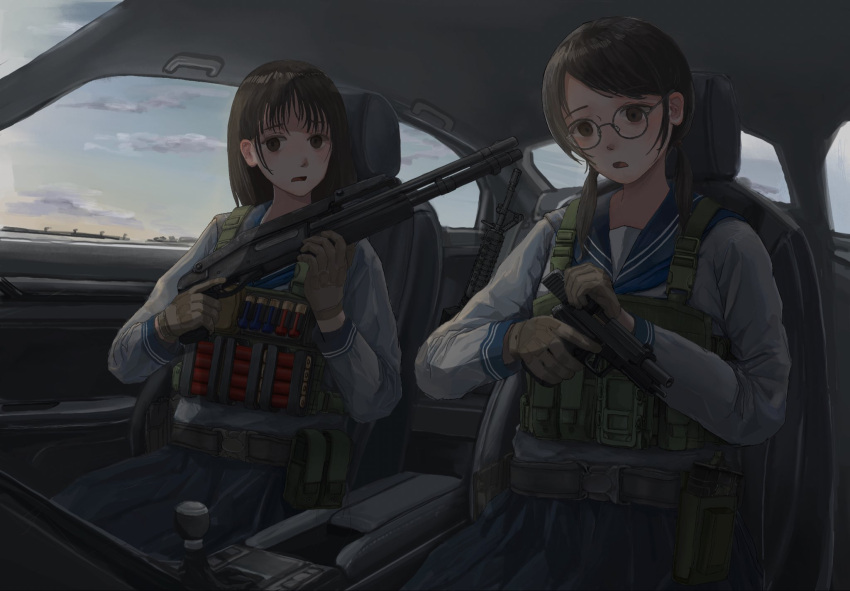 2girls, 787nanahachi, ammunition, ammunition_pouch, ar-15, benelli_m4, black_hair, blue_sailor_collar