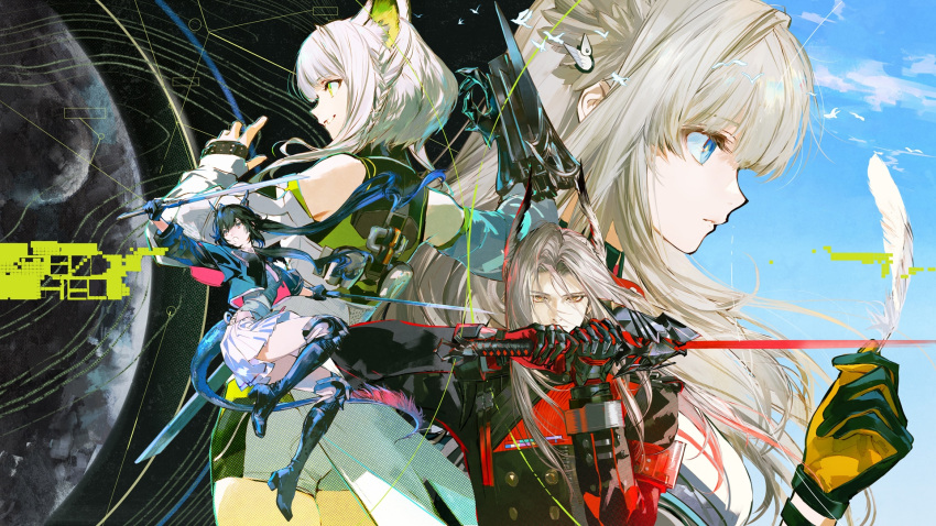 1boy, 3girls, animal_ear_fluff, animal_ears, arknights, arknights:_endfield, black_hair, blue_eyes