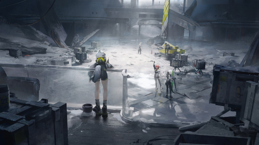 2boys, 3girls, akekuri_(arknights), animal_ears, antal_(arknights), architecture, arknights, arknights:_endfield, catcher_(arknights), crocodile_girl, crocodilian_tail, dog_ears, dog_girl, dog_tail, estella_(arknights), fluorite_(arknights), green_hair, high_ponytail, highres, logo, mamako_(_mamako), medium_hair, multiple_boys, multiple_girls, official_art, ponytail, red_hair, reptile_boy, second-party_source, short_hair, tail, tiptoes