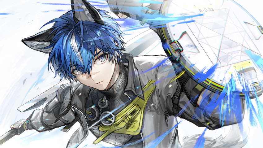 1boy, animal_ears, arknights, arknights:_endfield, arm_up, banque_(edrukine), blue_hair, catcher_(arknights)